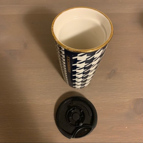 Starbucks Blue, White, and Gold Houndstooth Ceramic To Go Cup - Picture 3 of 10